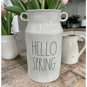 Rae Dunn "HELLO SPRING" Milk Jug Planter Vase w/ Handles Rustic Chic Farm Decor